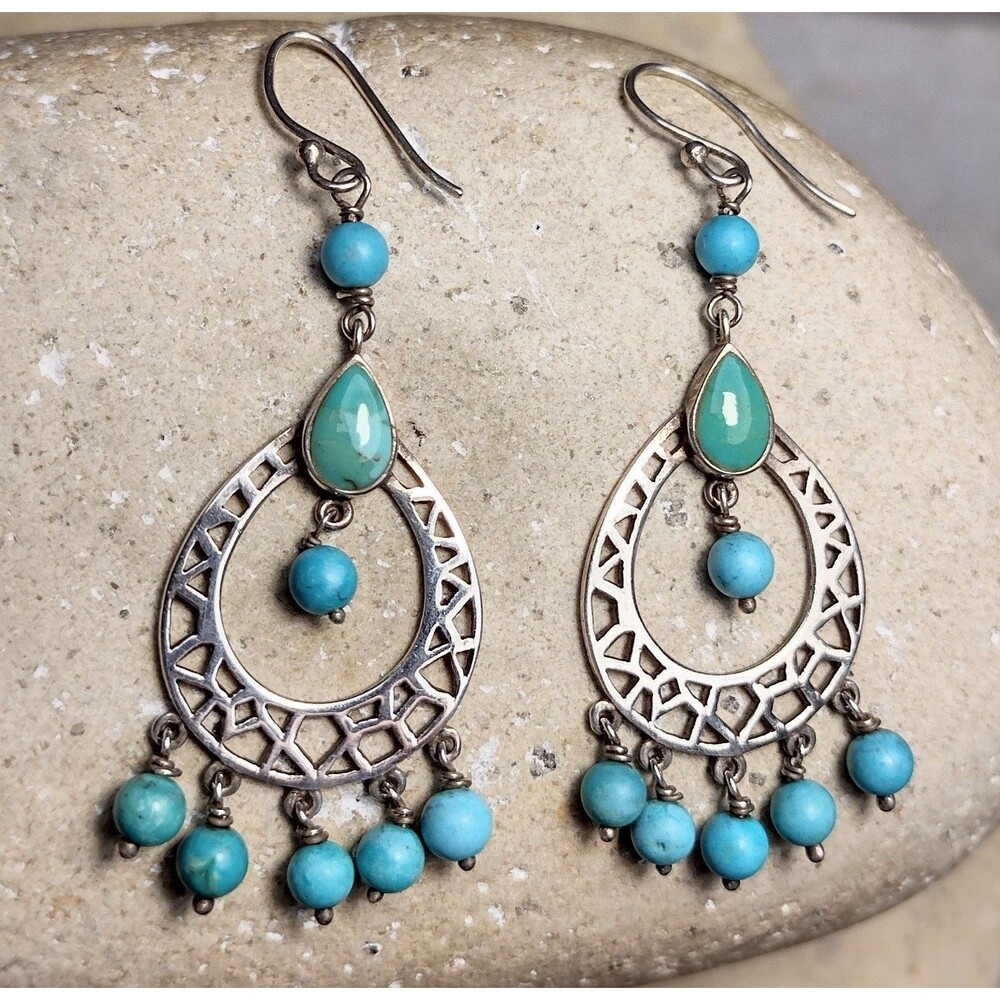 Vintage Signed Sleeping Beauty Turquoise Sterling silver Beaded Dangle Earrings